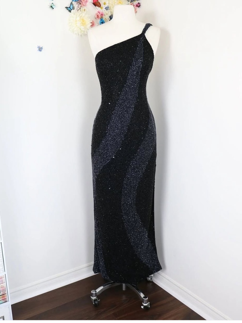 Vintage SCALA One Strap Silk Beaded Black One-Shoulder Evening Dress - Size XS